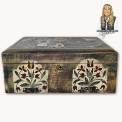 Kathy Graybill Hand Painted Antique Box with Colonial Couple & Red Salt Box House  - 4.5" x  11.5" x  8.25"