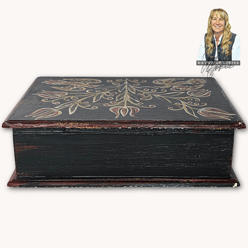 Kathy Graybill Hand Painted Antique Black Box with Birds & Florals 3.5" x 10.75" x 7.5"