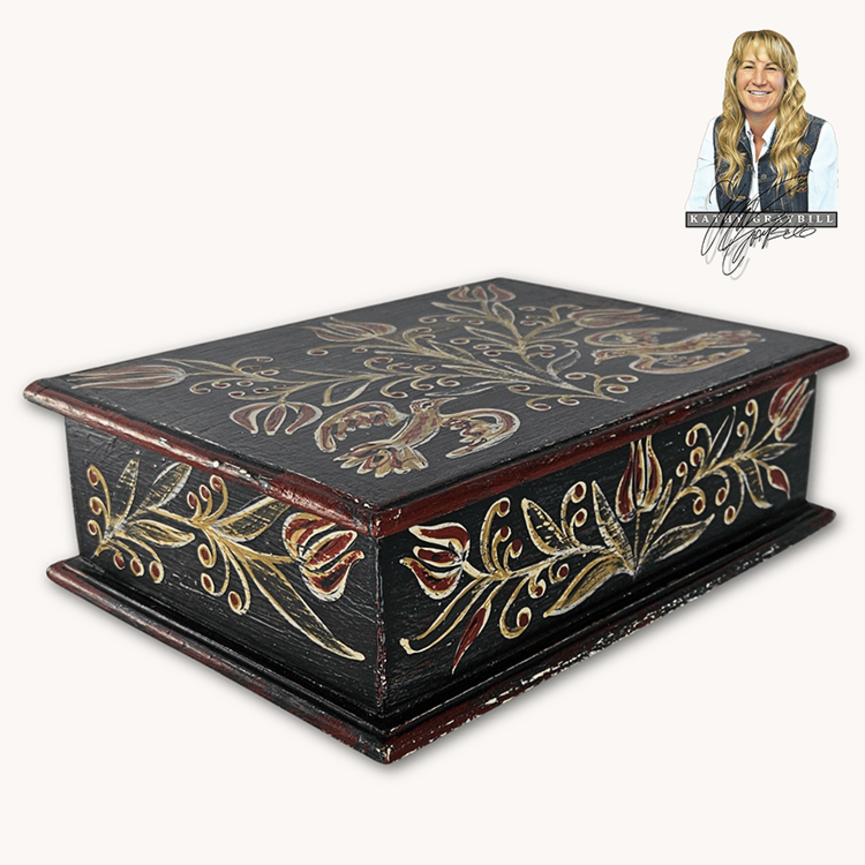 Kathy Graybill Hand Painted Antique Black Box with Birds & Florals 3.5" x 10.75" x 7.5"