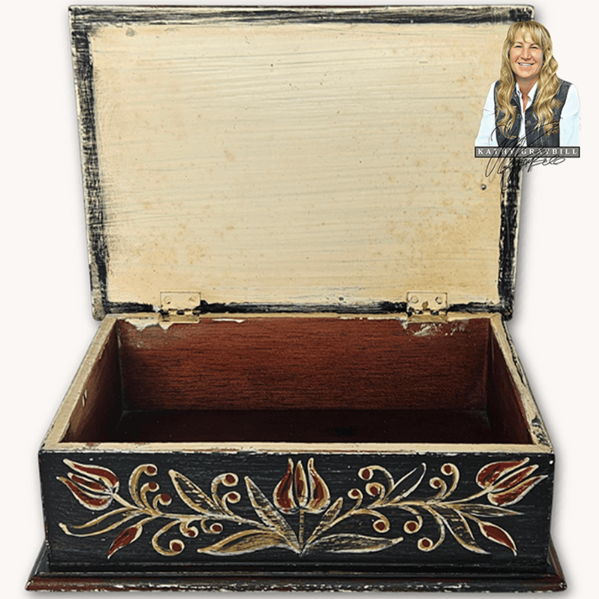 Kathy Graybill Hand Painted Antique Black Box with Birds & Florals 3.5" x 10.75" x 7.5"