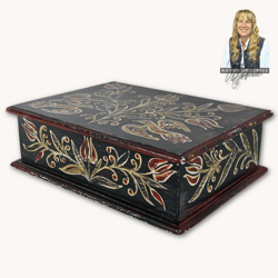 Kathy Graybill Hand Painted Antique Black Box with Birds & Florals 3.5" x 10.75" x 7.5"