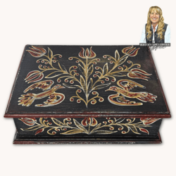 Kathy Graybill Hand Painted Antique Black Box with Birds & Florals 3.5" x 10.75" x 7.5"