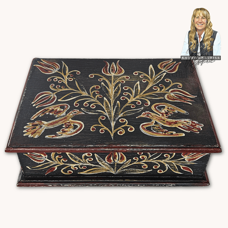 Kathy Graybill Hand Painted Antique Black Box with Birds & Florals 3.5" x 10.75" x 7.5"