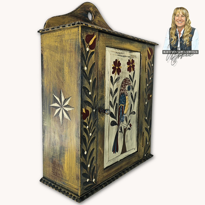 Kathy Graybill Hand Painted Antique Shaker Cabinet with Peacock & Florals - 24" x  19" x 7.5"