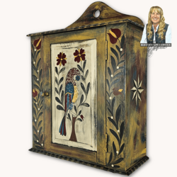 Kathy Graybill Hand Painted Antique Shaker Cabinet with Peacock & Florals - 24" x  19" x 7.5"
