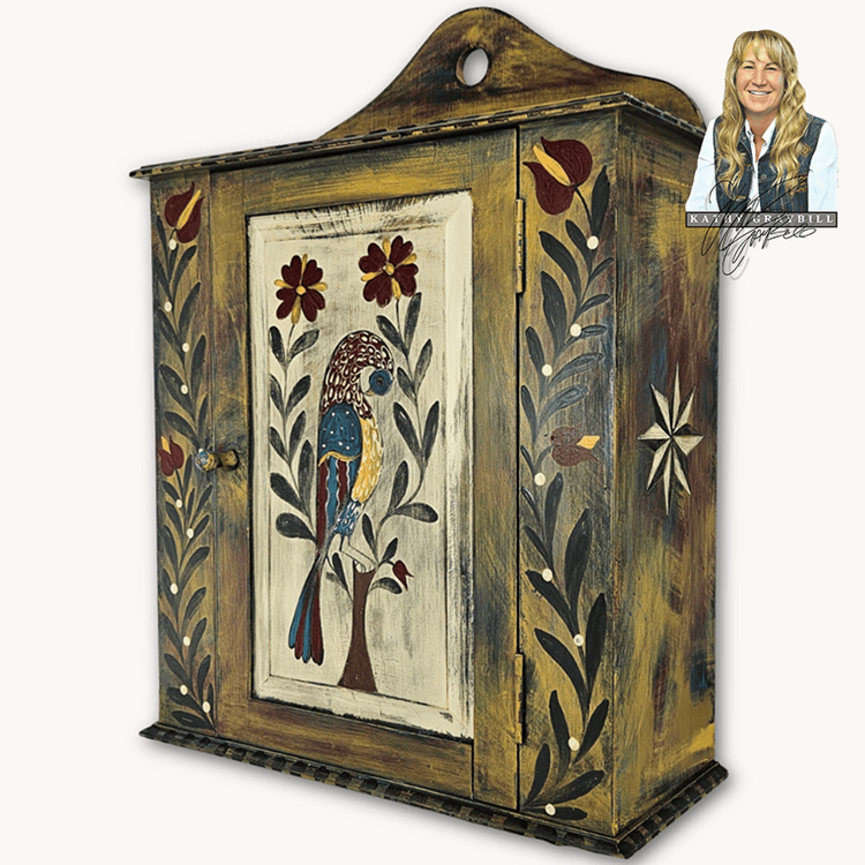Kathy Graybill Hand Painted Antique Shaker Cabinet with Peacock & Florals - 24" x  19" x 7.5"