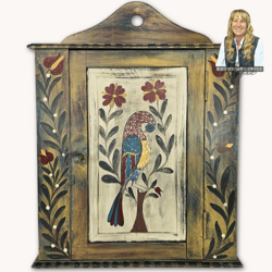 Kathy Graybill Hand Painted Antique Shaker Cabinet with Peacock & Florals - 24" x  19" x 7.5"