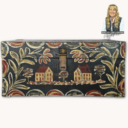 Kathy Graybill Hand Painted Antique Black Tool Box with Houses & Florals - 11" x  24" x 9"
