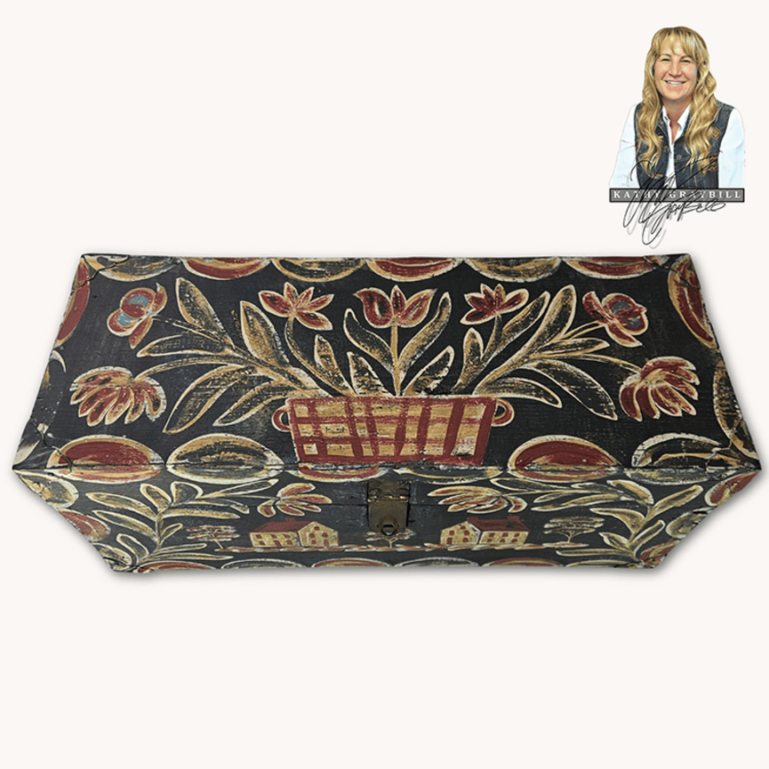 Kathy Graybill Hand Painted Antique Black Tool Box with Houses & Florals - 11" x  24" x 9"