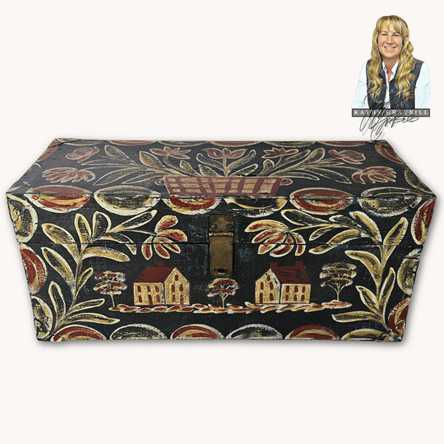 Kathy Graybill Hand Painted Antique Black Tool Box with Houses & Florals - 11" x  24" x 9"