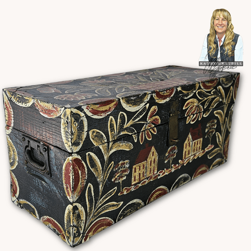 Kathy Graybill Hand Painted Antique Black Tool Box with Houses & Florals - 11" x  24" x 9"