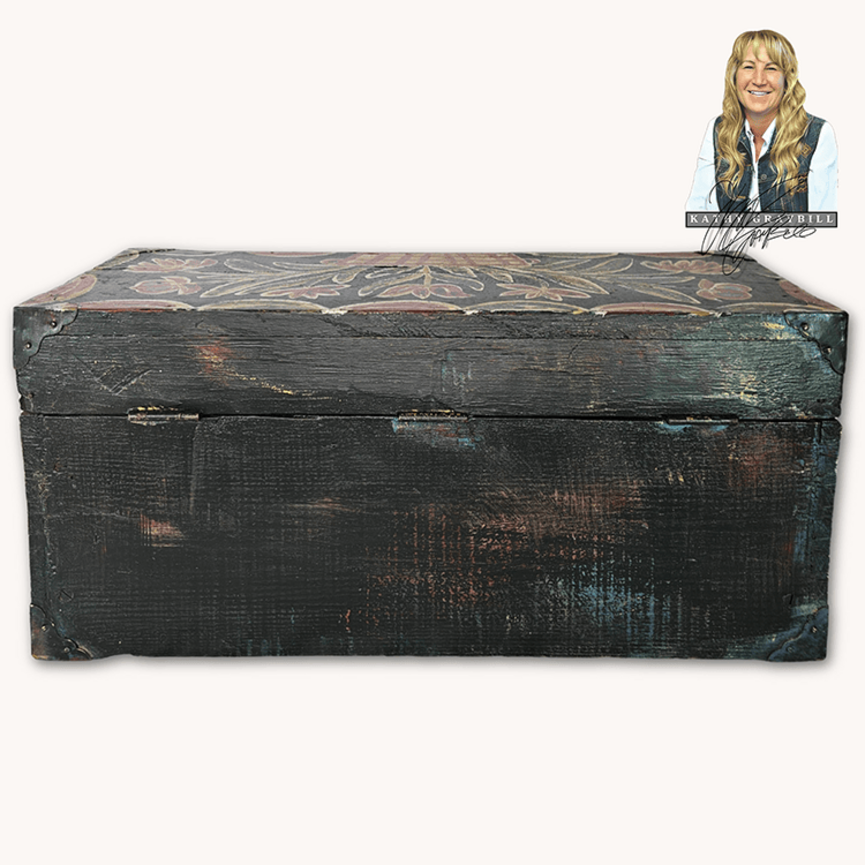 Kathy Graybill Hand Painted Antique Black Tool Box with Houses & Florals - 11" x  24" x 9"