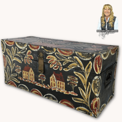Kathy Graybill Hand Painted Antique Black Tool Box with Houses & Florals - 11" x  24" x 9"
