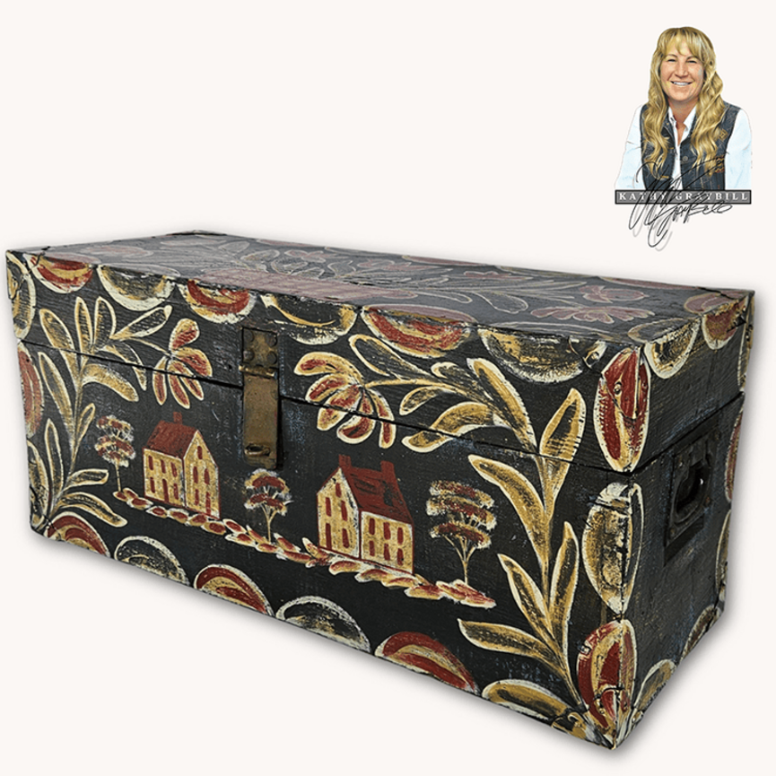 Kathy Graybill Hand Painted Antique Black Tool Box with Houses & Florals - 11" x  24" x 9"