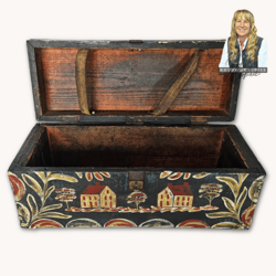 Kathy Graybill Hand Painted Antique Black Tool Box with Houses & Florals - 11" x  24" x 9"