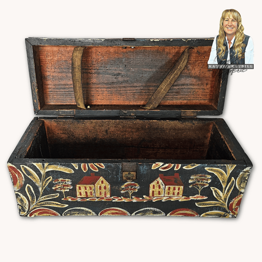 Kathy Graybill Hand Painted Antique Black Tool Box with Houses & Florals - 11" x  24" x 9"