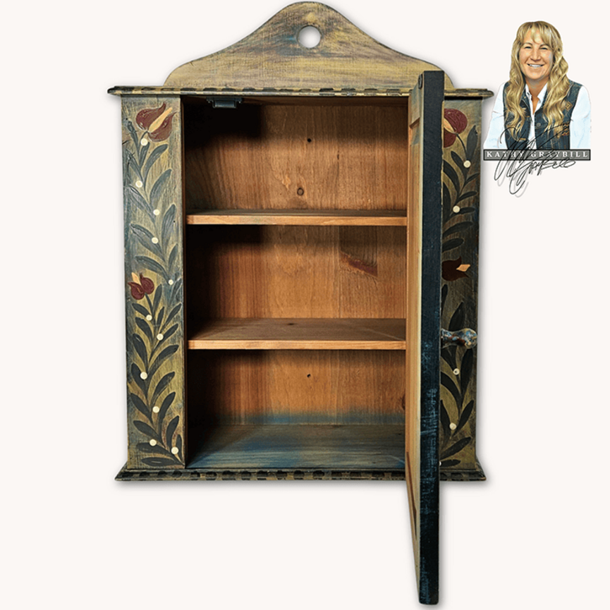 Kathy Graybill Hand Painted Antique Shaker Cabinet with Peacock & Florals - 24" x  19" x 7.5"