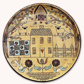 Salt Box House Plate with Two Sheep & Quilt & Flowers