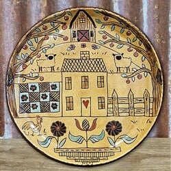Smith Redware Salt Box House Plate with Two Sheep & Quilt & Flowers - 10.5"