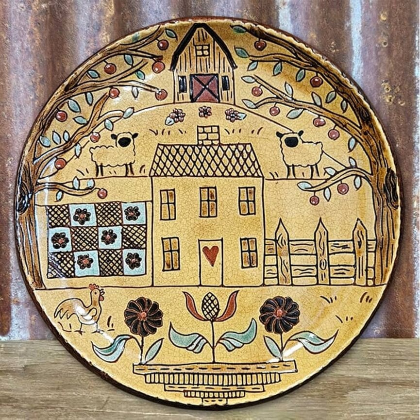 Smith Redware Salt Box House Plate with Two Sheep & Quilt & Flowers - 10.5"