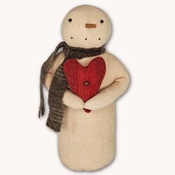 Snowman Gray Plaid Scarf Holding Red Wool Heart - 10.5"