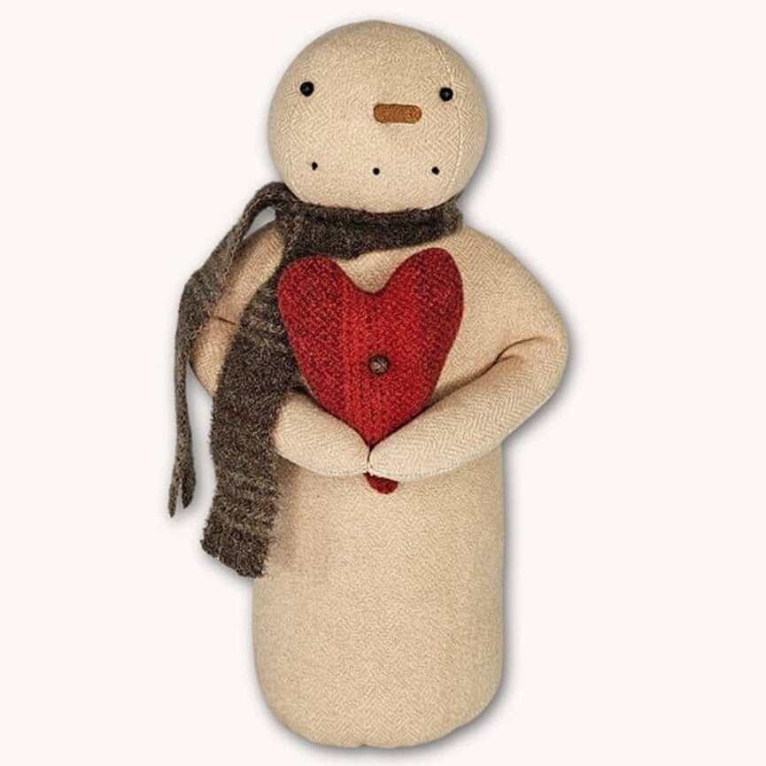 Snowman Gray Plaid Scarf Holding Red Wool Heart - 10.5"