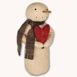Snowman Gray Plaid Scarf Holding Red Wool Heart - 10.5"