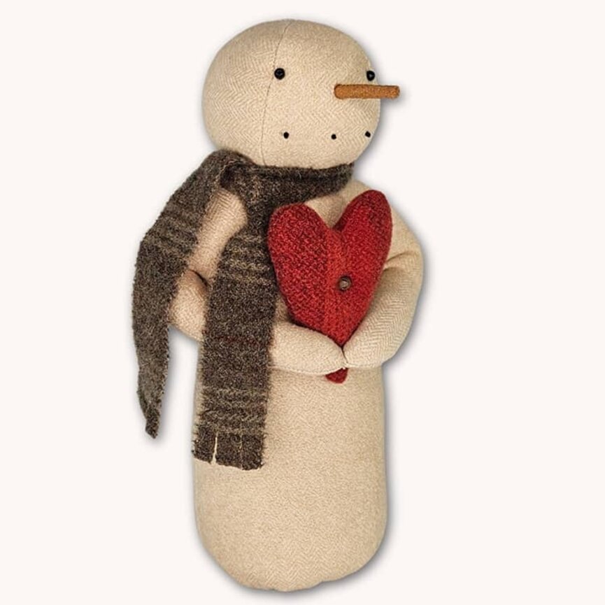Snowman Gray Plaid Scarf Holding Red Wool Heart - 10.5"