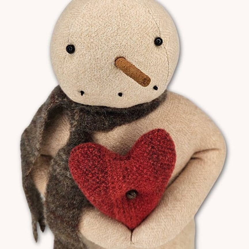 Snowman Gray Plaid Scarf Holding Red Wool Heart - 10.5"