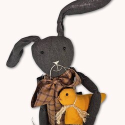 Primitive Bunny Black with Tan Plaid Overalls Carrying Bird & Basket of Carrots - 21"
