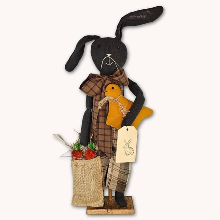 Primitive Bunny Black with Tan Plaid Overalls Carrying Bird & Basket of Carrots - 21"