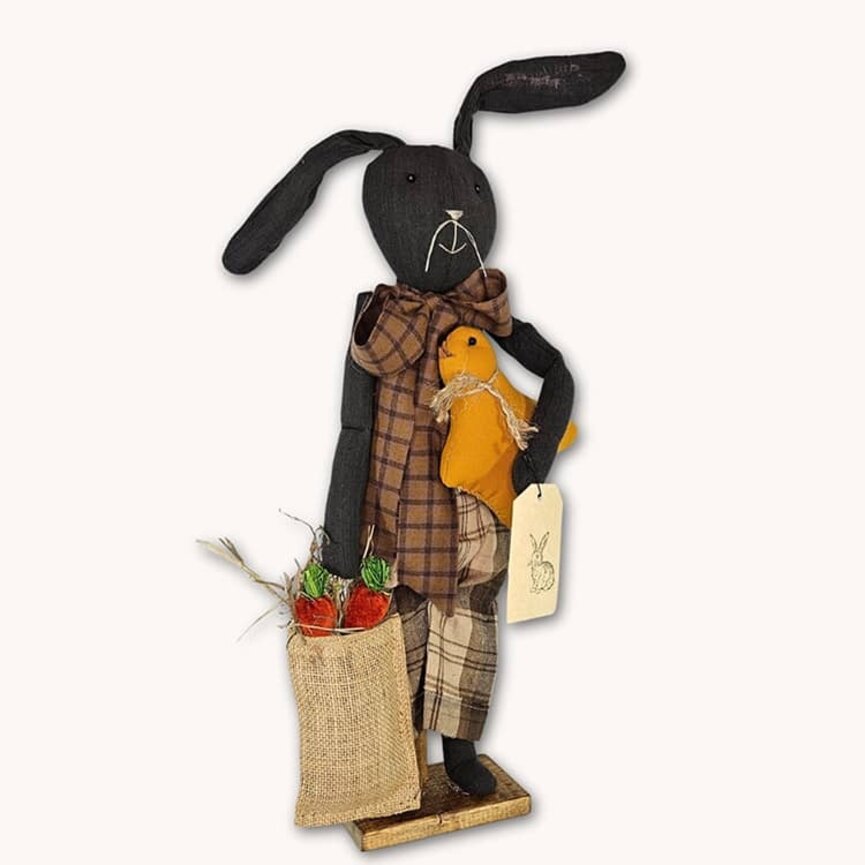 Primitive Bunny Black with Tan Plaid Overalls Carrying Bird & Basket of Carrots - 21"