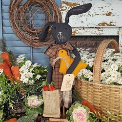 Primitive Bunny Black with Tan Plaid Overalls Carrying Bird & Basket of Carrots - 21"