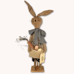 Primitive Bunny Tan with Black Check Pants & Gray Tie Carrying Basket of Eggs & Carrot - 24"