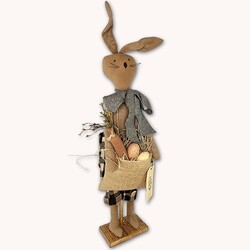 Primitive Bunny Tan with Black Check Pants & Gray Tie Carrying Basket of Eggs & Carrot - 24"