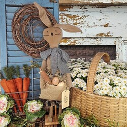 Primitive Bunny Tan with Black Check Pants & Gray Tie Carrying Basket of Eggs & Carrot - 24"