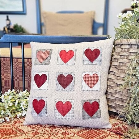 Nine Patch Hearts Wool Applique Pillow