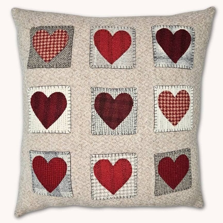 Nine Patch Hearts Wool Applique Pillow - 14.5"  x 13.5"
