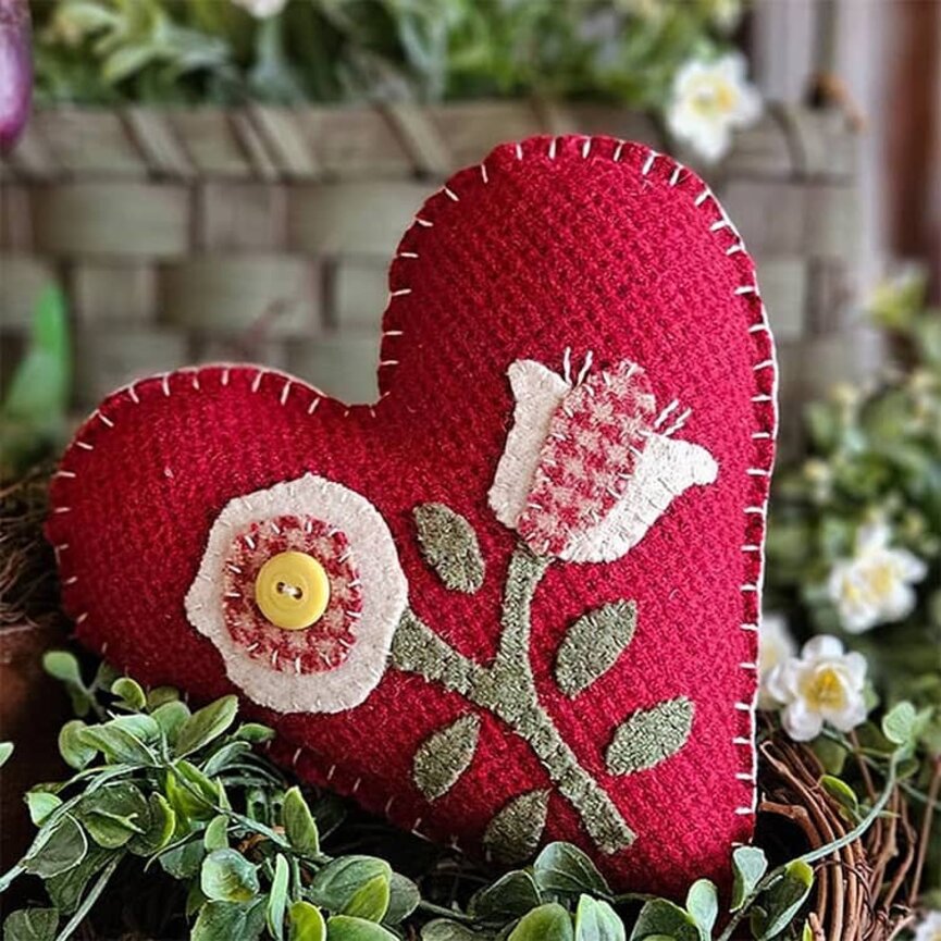 Red Wool Heart with Wool Floral Applique Bowl Filler - 7"
