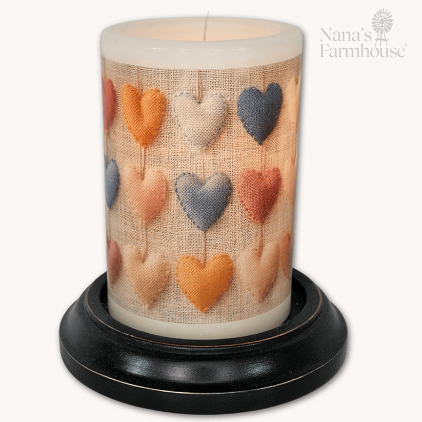 Rainbow Burlap Hearts Candle Sleeve Vanilla