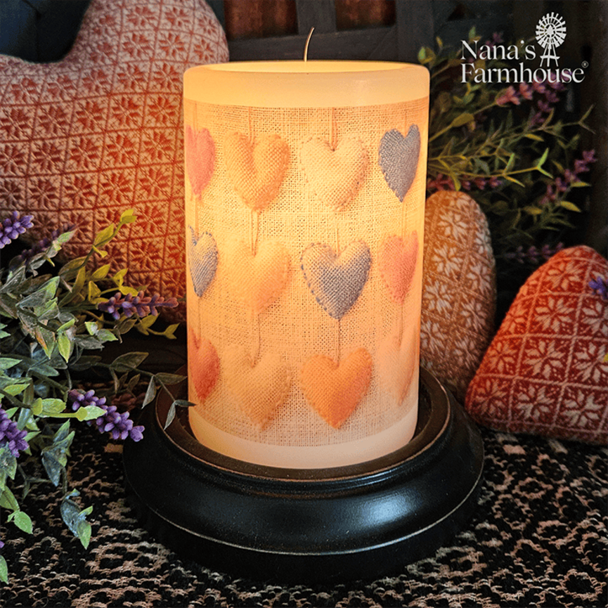 Rainbow Burlap Hearts Candle Sleeve Vanilla
