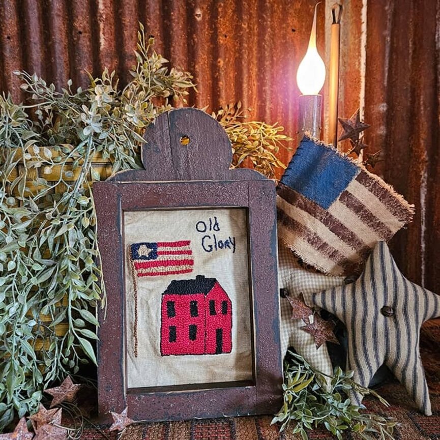 Distressed Frame Needle Punch Old Glory House with Flag - 11.75"