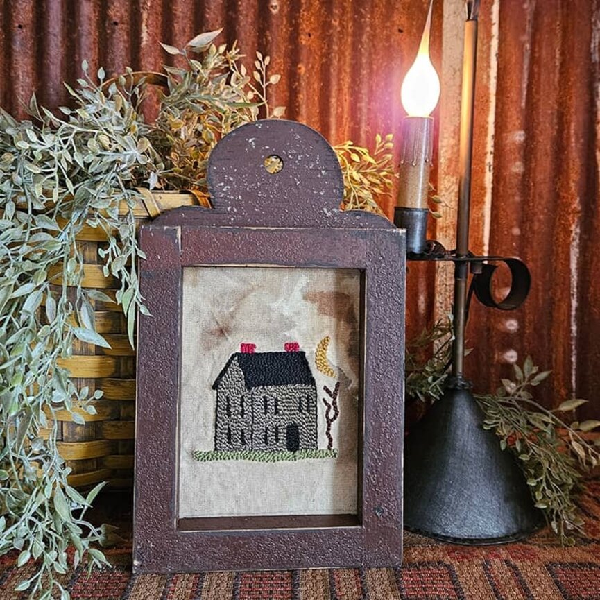 Distressed Frame Needle Punch House with Tree & Moon - 11.5"