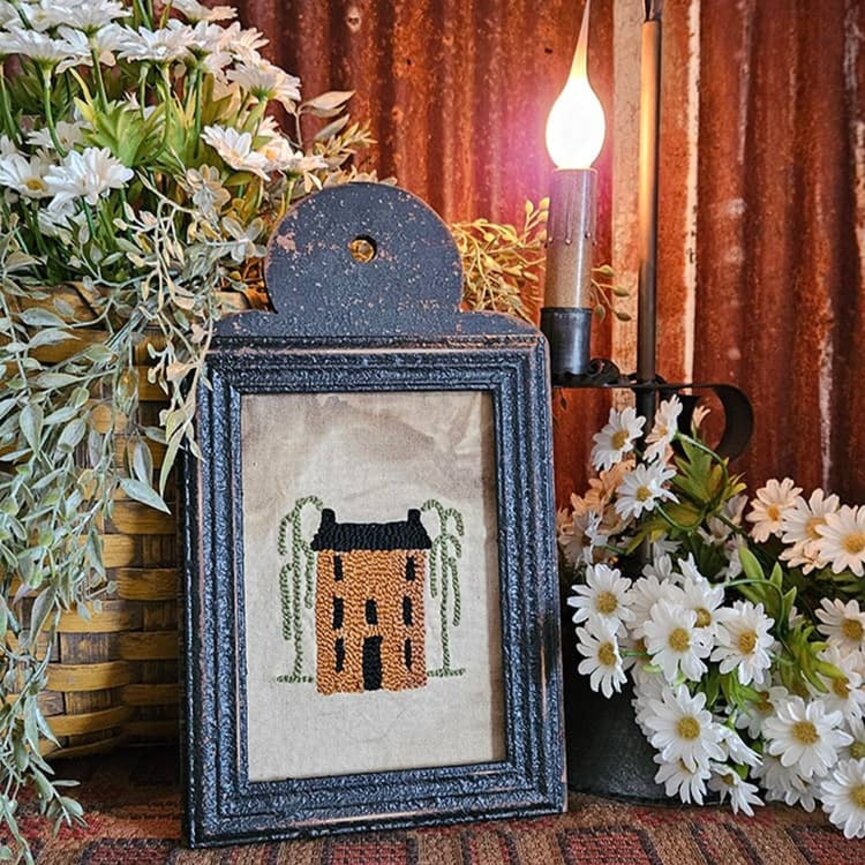Distressed Frame Needle Punch House with Trees - 11.5"