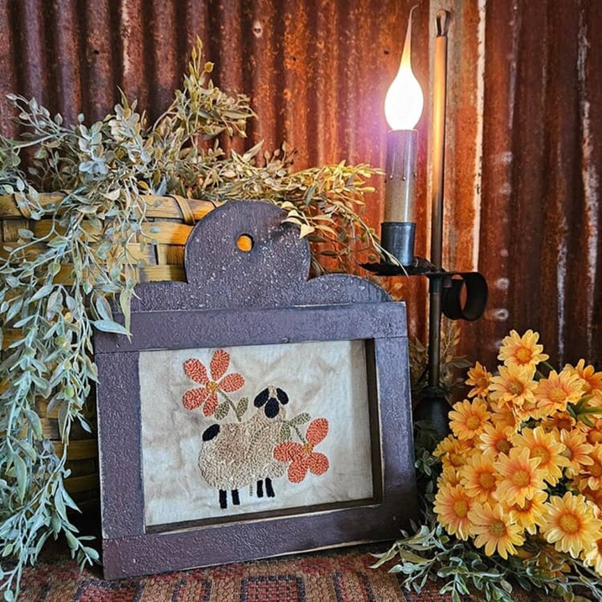 Distressed Frame Needle Punch Sheep with Flowers - 10" x 8.75"