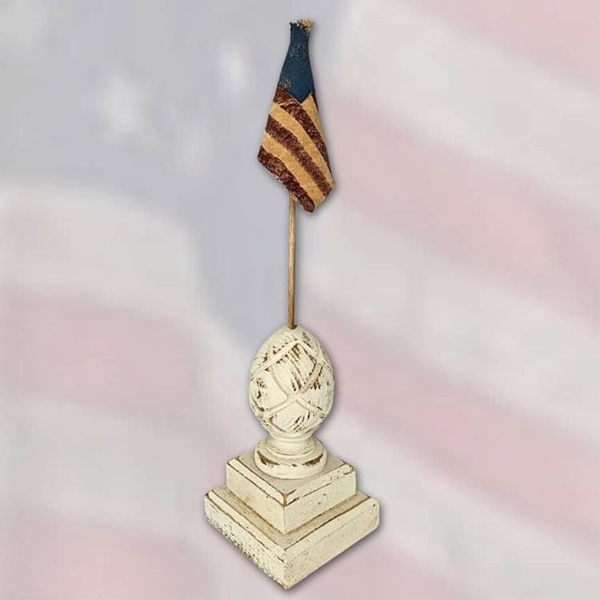 Distressed White Pedestal Base with Flag - 20"