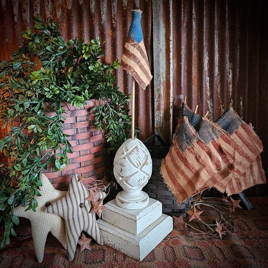 Distressed White Pedestal Base with Flag - 20"