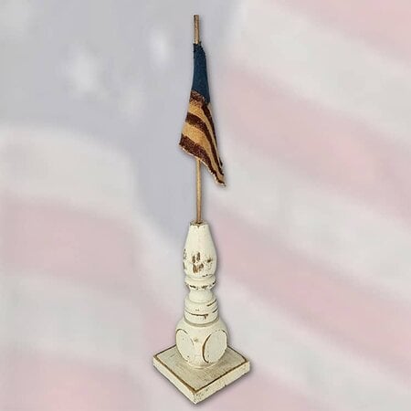 Distressed White Pedestal Base with Flag - Small