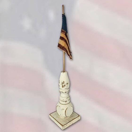Distressed White Pedestal Base with Flag - Small