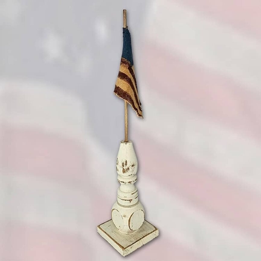 Distressed White Pedestal Base with Flag - 19"